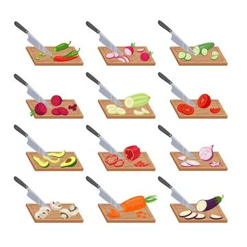 Cutting vegetables on kitchen board set. Knife cuts ripe peppers and avocados Stock Illustration