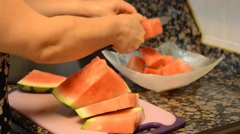 Cutting Watermelon Into Big Cubes Stock Footage 52513506