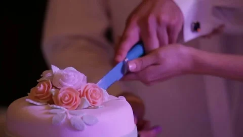 Cutting wedding cake Stock Footage 74058350