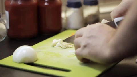 Cutting white onion closeup Stock Footage 97411018