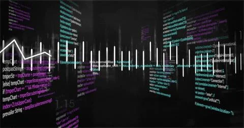 Cutting white stylized audio waveform line through virtual data tunnel, with Stock Illustration