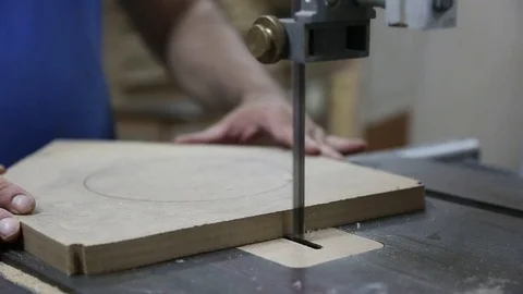 Cutting Wood in Carpenter Workshop with Table Circular Saw Stock Footage 84647091