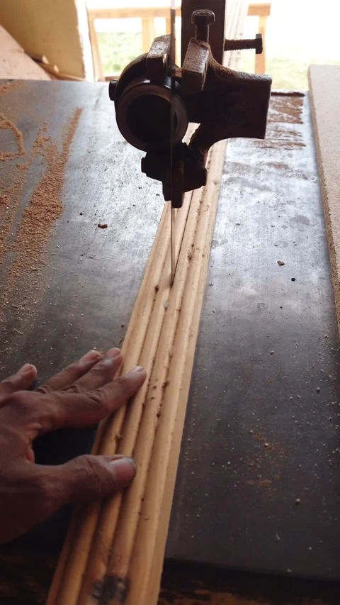 Cutting A Zigzag Wooden Plank Into Two Pieces Using A Band Saw, First Person POV Stock Footage 346413084