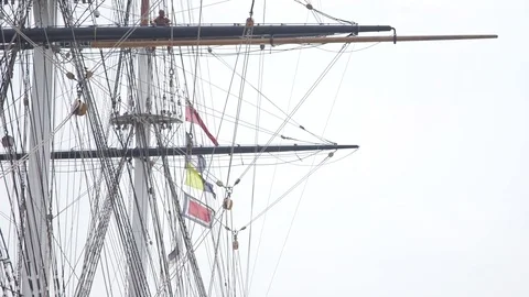 Cutty Stark, pan of masts with people on deck, London Video stock 74060131