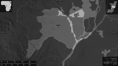 Cuvette, Republic of Congo. Grayscaled map with lakes and rivers Stock Illustration