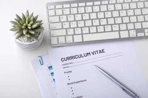 CV with computer keyboard on white desk 库存照片