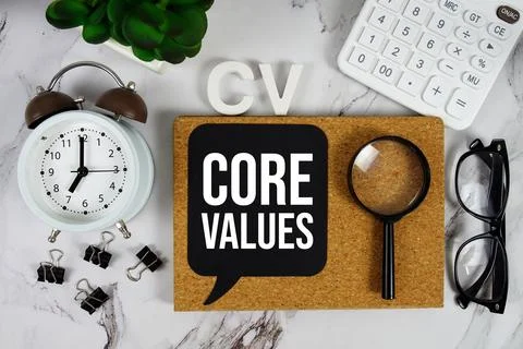 CV - Core Values acronym with calculator, alarm clock and magnifying glass,.. Stock Photos