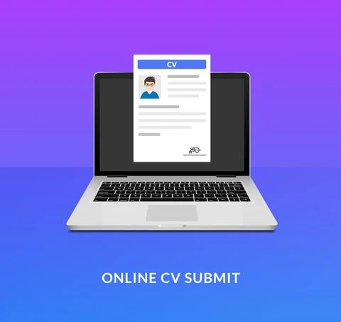 CV laptop send icon. Open application desk cv form vector submit Stock Illustration