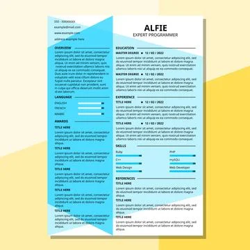 CV Resume Template 2 side Minimalist Clean Cyan Professional Illustrazione stock