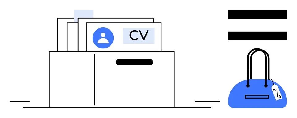 CVs organized in a file box, blue handbag with a price tag, and equality sign Ilustração Stock