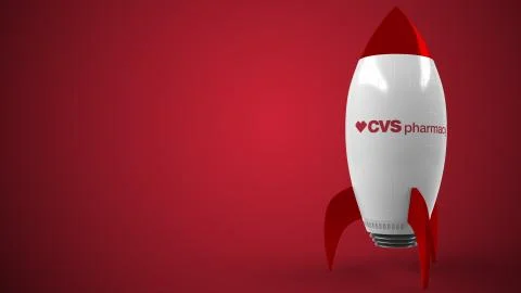 CVS PHARMACY logo against a rocket mockup. Editorial conceptual success related Stock Illustration