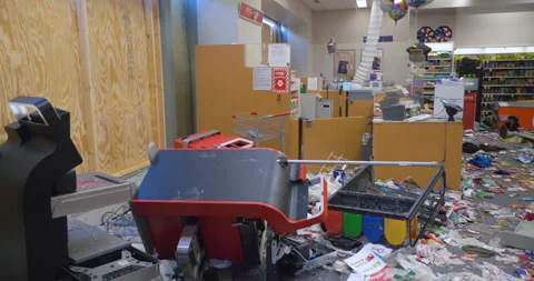 CVS Pharmacy store interior destroyed by the protesters after nights of riots Stock Footage