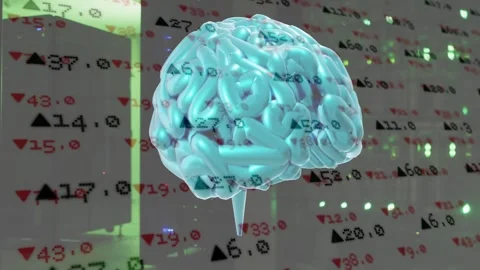 Cyan 3D brain rotating while market tickers projecting on surface on start, Stock Footage 334881729