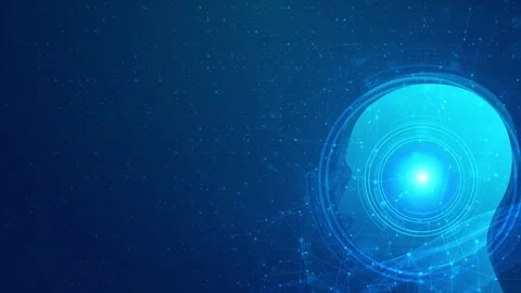 Cyan AI mind technology visual glowing human profile, scanner rings, network par Stock Footage 340567137