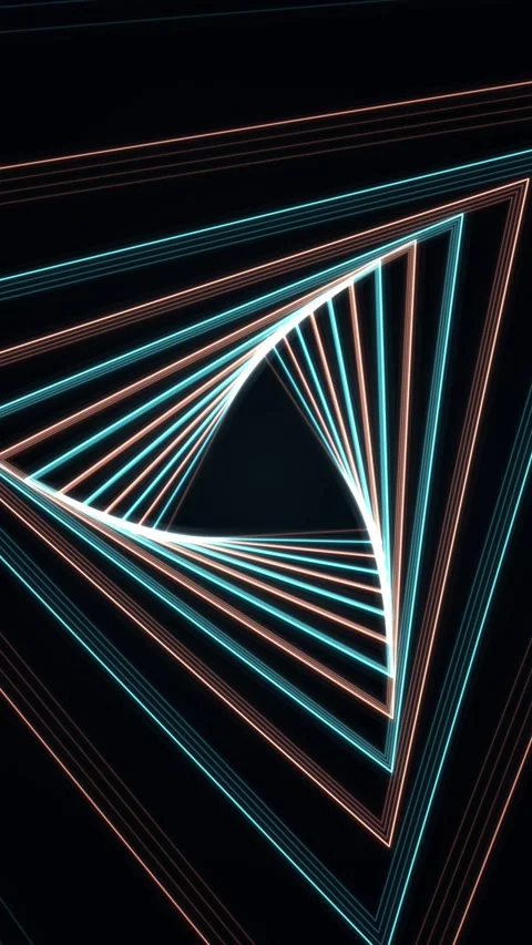Cyan and coral triangular tunnel rotates clockwise against black background Stock Footage 345184873