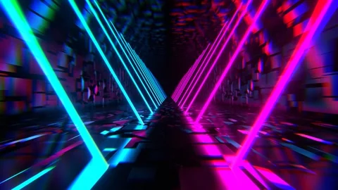 Cyan and Pink Endless Sci-Fi Corridor with Neon Long Lamps Background VJ Loo Stock Footage 308534185