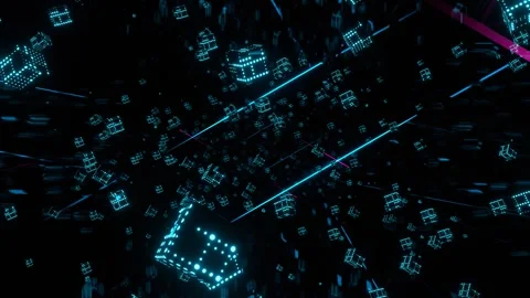 Cyan and Pink Levitating Cubes and Neon Lines in Cyberspace Background VJ Lo Stock Footage 328356816