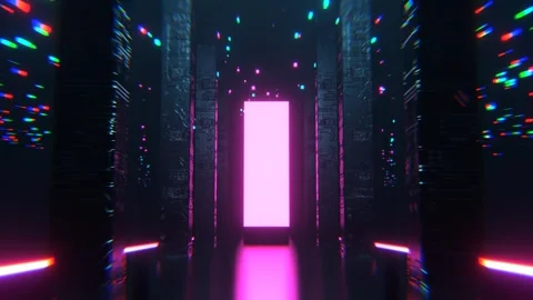 Cyan and Pink Neon Sci-Fi Hall with Tall Columns and Portal Background VJ Lo Stock Footage 301885916