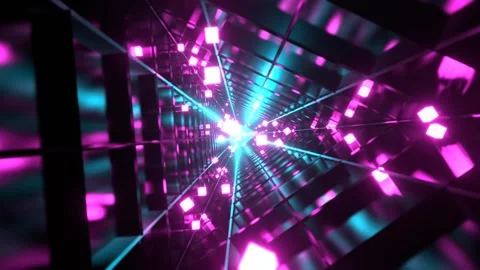 Cyan and Pink Sci-Fi Triangular Tunnel with Neon Cubes Background VJ Loop l  Stock Footage 294912223