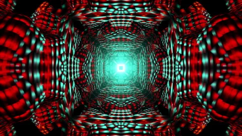 Cyan and red tunnel cube VJ loop with pulsing grid and glowing center depth Stock Footage 329681279