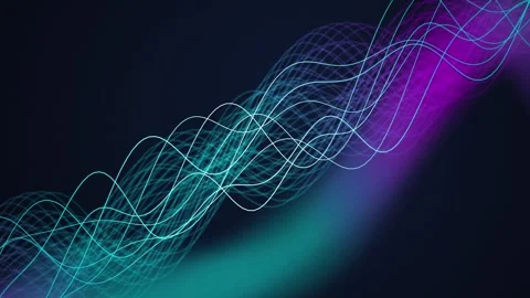 Cyan and violet glowing wave lines flow in a seamless loop Stock Footage 342861907