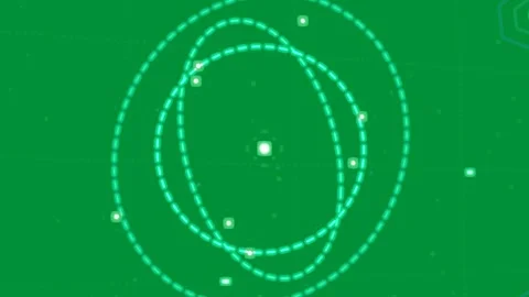 Cyan arc appearing, drawing dashed orbits, dots circling core, showing orbit HUD Stock Footage 329503457