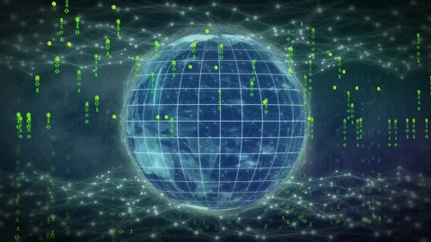 Cyan arc sweeping globe, glowing globe rotating while binary streams rising, Stock Footage 335211524