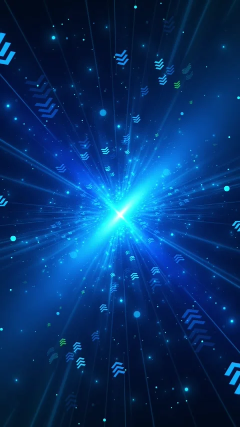 Cyan arrow tunnel bright central flare, blue motion rays, floating dots, and hig Stock Footage 340457329