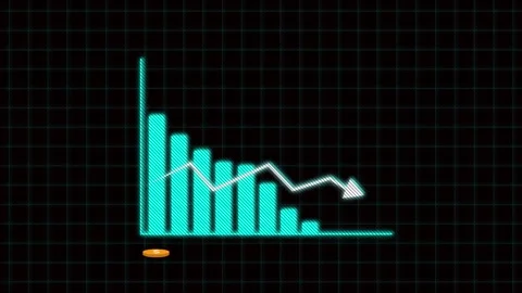 Cyan Bar Chart with Downward Arrow and Coin Illustrating Financial Decline .. Stock Footage 321454138