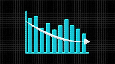Cyan Bar Chart with Downward Trend Arrow on Grid Background graph decline Stock Footage 330348094