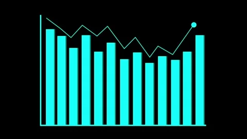 Cyan bar chart with downward trend line graph. Cyan bar chart for business .. Stock-Footage 337816596