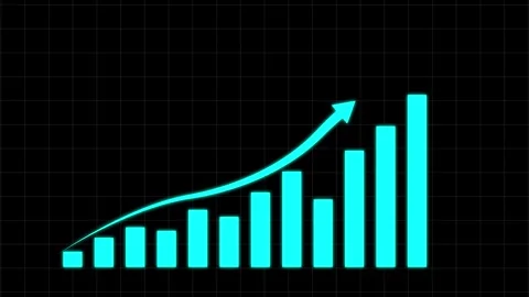 Cyan bar chart graph display animation shows columns on dark grid boards. B.. Stock Footage 340999649