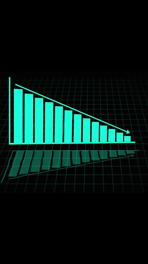Cyan bar chart showing downward trend with arrow reflection. Cyan bar chart.. Stock Footage 344843715