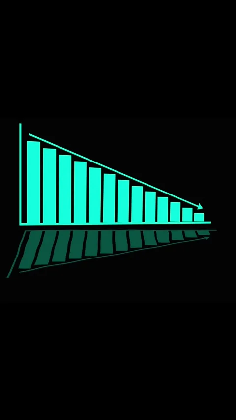 Cyan bar chart showing falling trend with arrow indicator. Cyan bar graph c.. Stock Footage 344843688