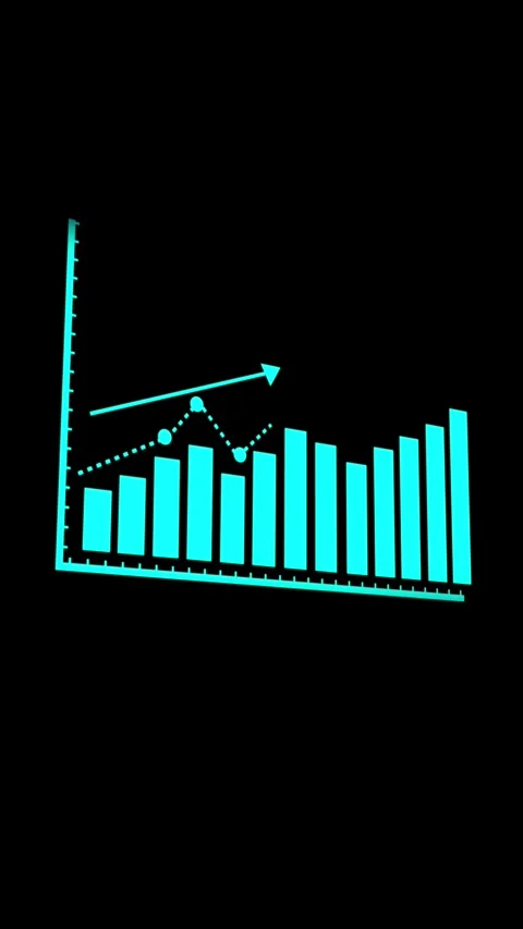 Cyan Bar Chart with Upward Trend Arrow and Dotted Line on Black Background .. Stock Footage 337459265
