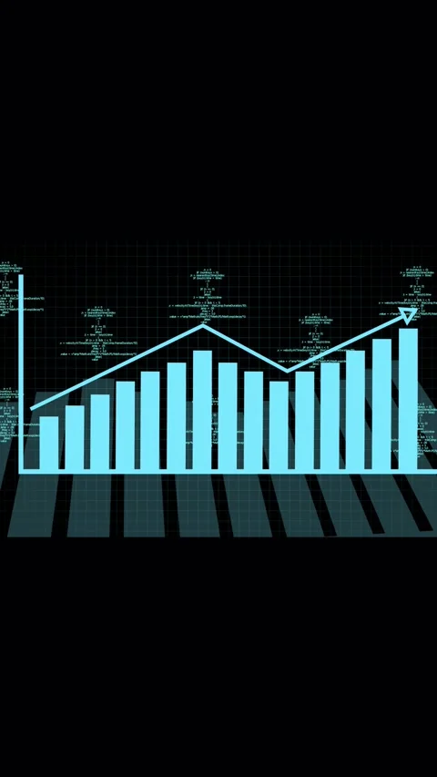 Cyan bar chart with upward trend arrow on dark grid. Cyan bar chart graph d.. Stock Footage 344842020