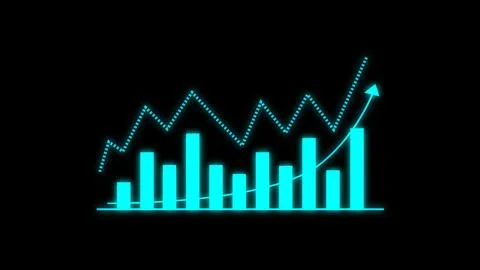 Cyan bar graph and dotted line chart with upward arrow signifying financial.. Stock Illustration