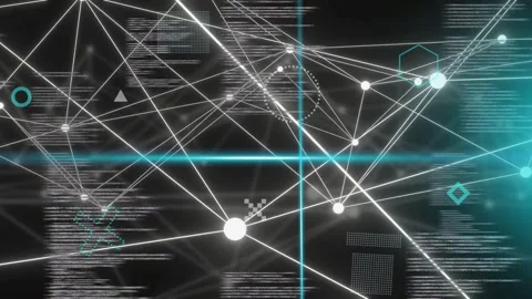 Cyan beam entering from left sweeping node web, icons rotating, crosshair Stock Footage 335732125