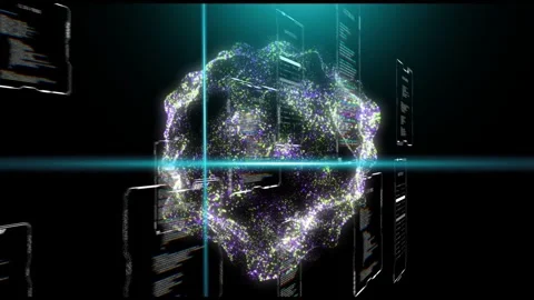 Cyan beam flaring, glowing particle cloud rotating, pulsing, revealing HUD, Stock Footage 334729040