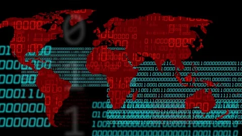 Cyan binaries appearing at edge starting sliding panels over red map, Stock Footage 334351946