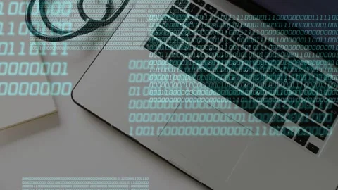 Cyan binary-code panels entering from left and sliding diagonally over laptop, Stock Footage 334768669