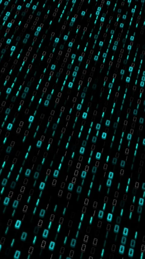 Cyan binary code rain glowing zero and one symbols, diagonal falling streams, Stock Footage 340479488