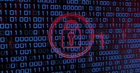 Cyan-blue binary grid revealing faint red circle, padlock forming and pulsing to Stock Footage 329471128