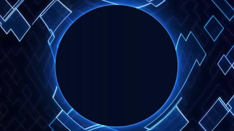 Cyan blue glowing eclipse ring with digital geometric shapes and dark cente.. Stock Footage 334772610