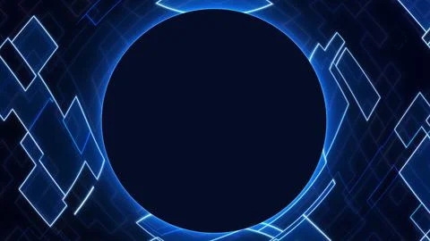 Cyan blue glowing eclipse ring with digital geometric shapes on dark techno.. Stock Illustration
