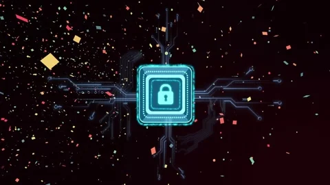 Cyan-blue locked chip pulsing emitting pastel shapes filling circuit traces and Stock Footage 333965111