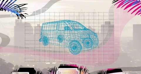 Cyan-blue wireframe van rotating on grid while playback starting, ribbon Stock Footage 330917841