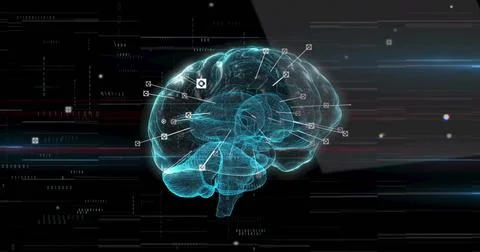 Cyan brain appearing on feed start, rotating, nodes pulsing, scan sweeping for Stock Illustration