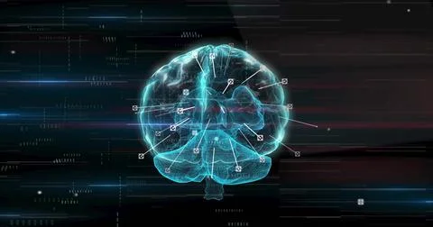 Cyan brain appearing on feed start, rotating, nodes pulsing, scan sweeping for Stock Illustration