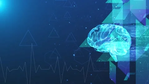 Cyan brain triangle tech visual glowing neural model, polygon accents, spacious Stock Footage 340555843